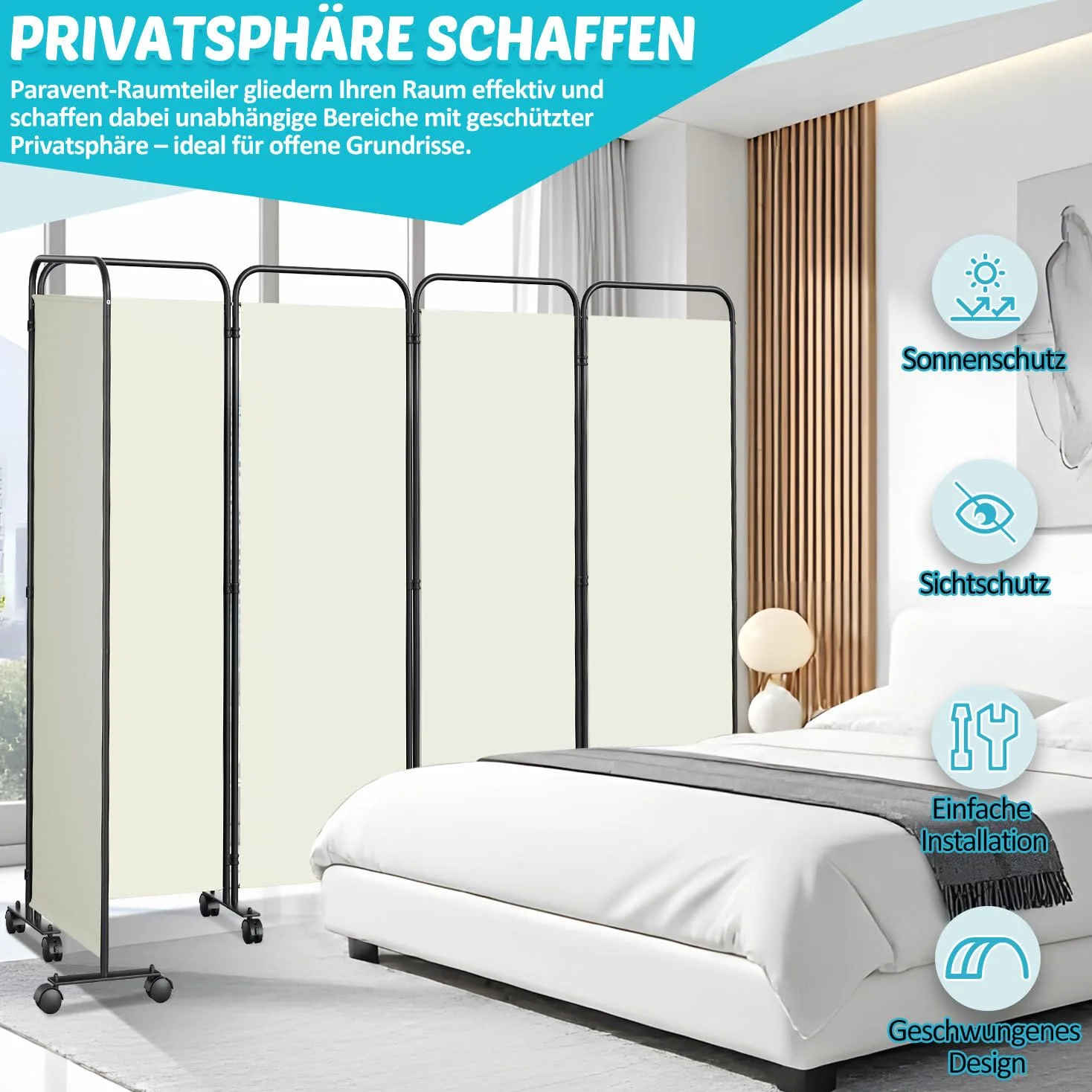 Paravent de séparation de pièce pliable sur roulettes - 5 pièces - 284 x 180 cm - Séparateur de pièce autonome pour bureau et chambre à coucher - Beige