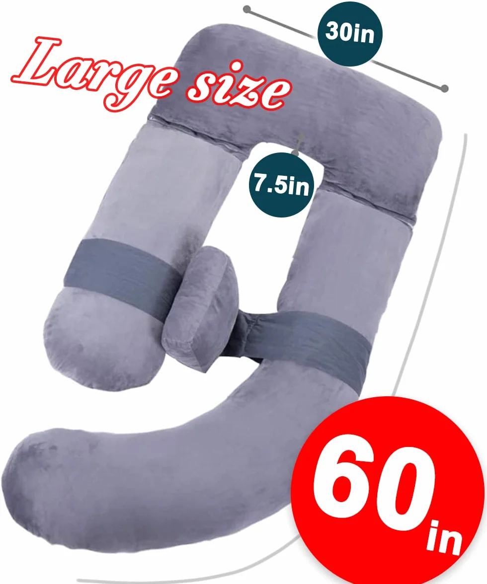 Awesling Oreiller Corps Complet Allaitement Maternité Grossesse Extra Large Forme U Côté Amovible Coussin Soutien Housse Amovible Gris