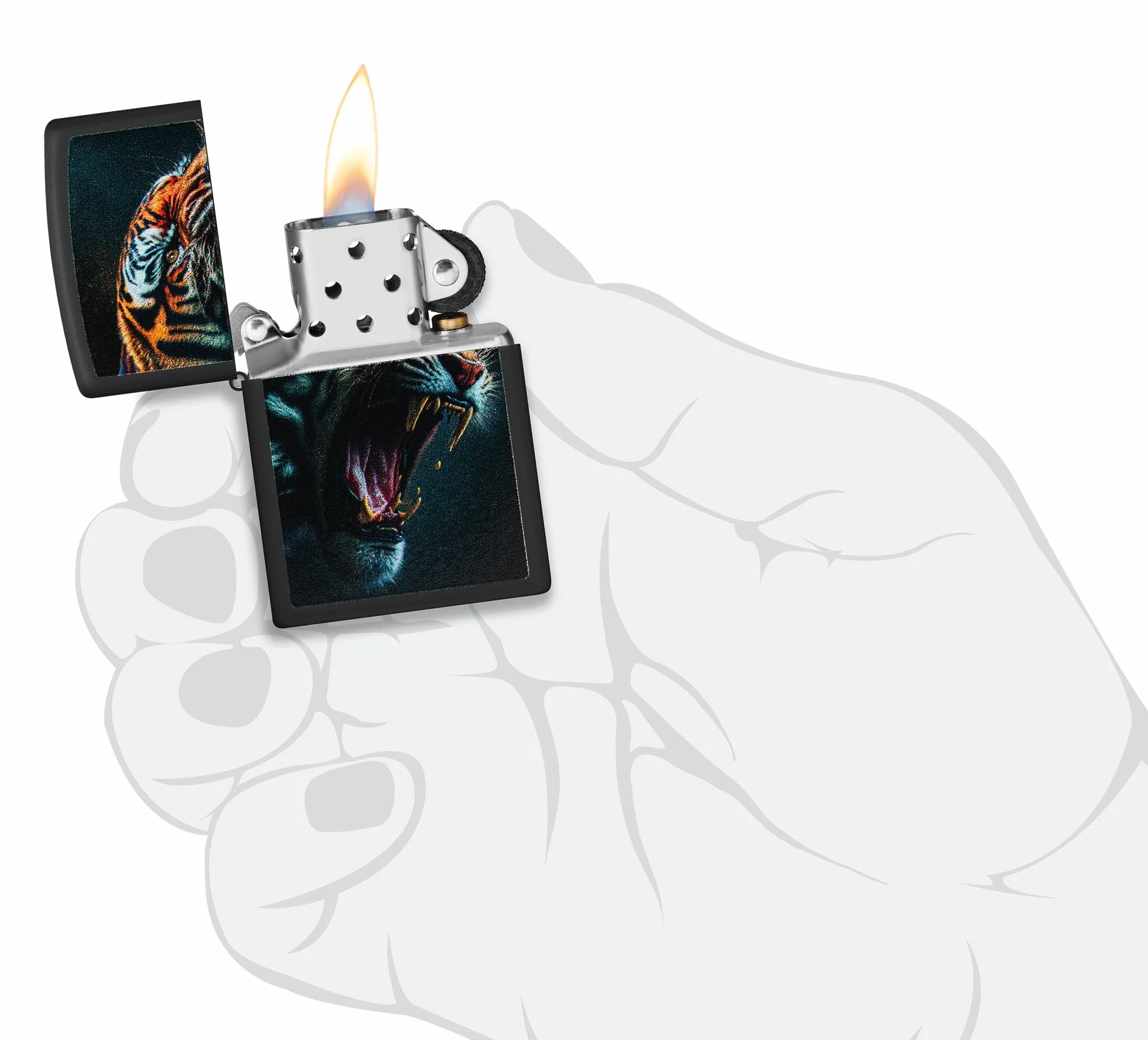 Zippo - Briquet tempête, Motif Tigre féroce, Noir Mat, Impression colorée Color Image, Rechargeable, réutilisable, Coupe-Vent, boîte Cadeau, fabriqué aux États-Unis