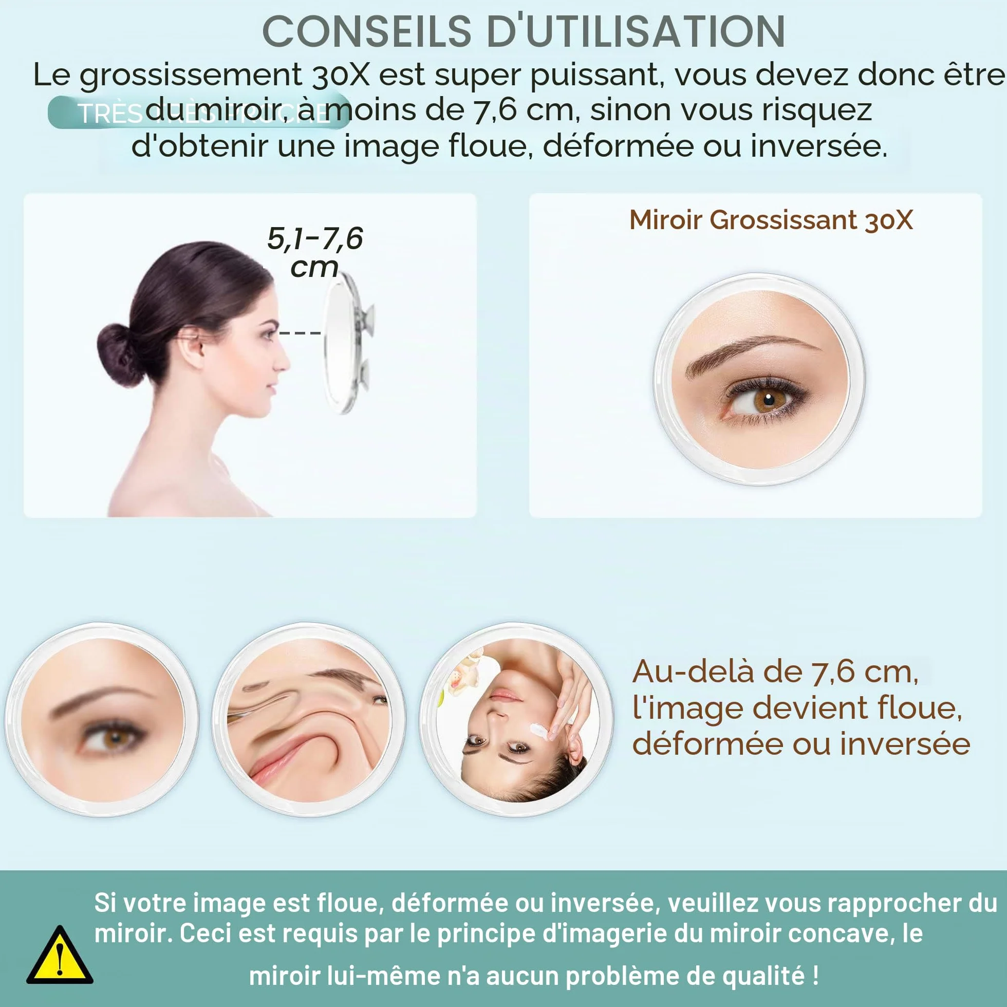 Miroir grossissant 30X Miroir de Maquillage de Voyage avec Ventouse 15,2 cm