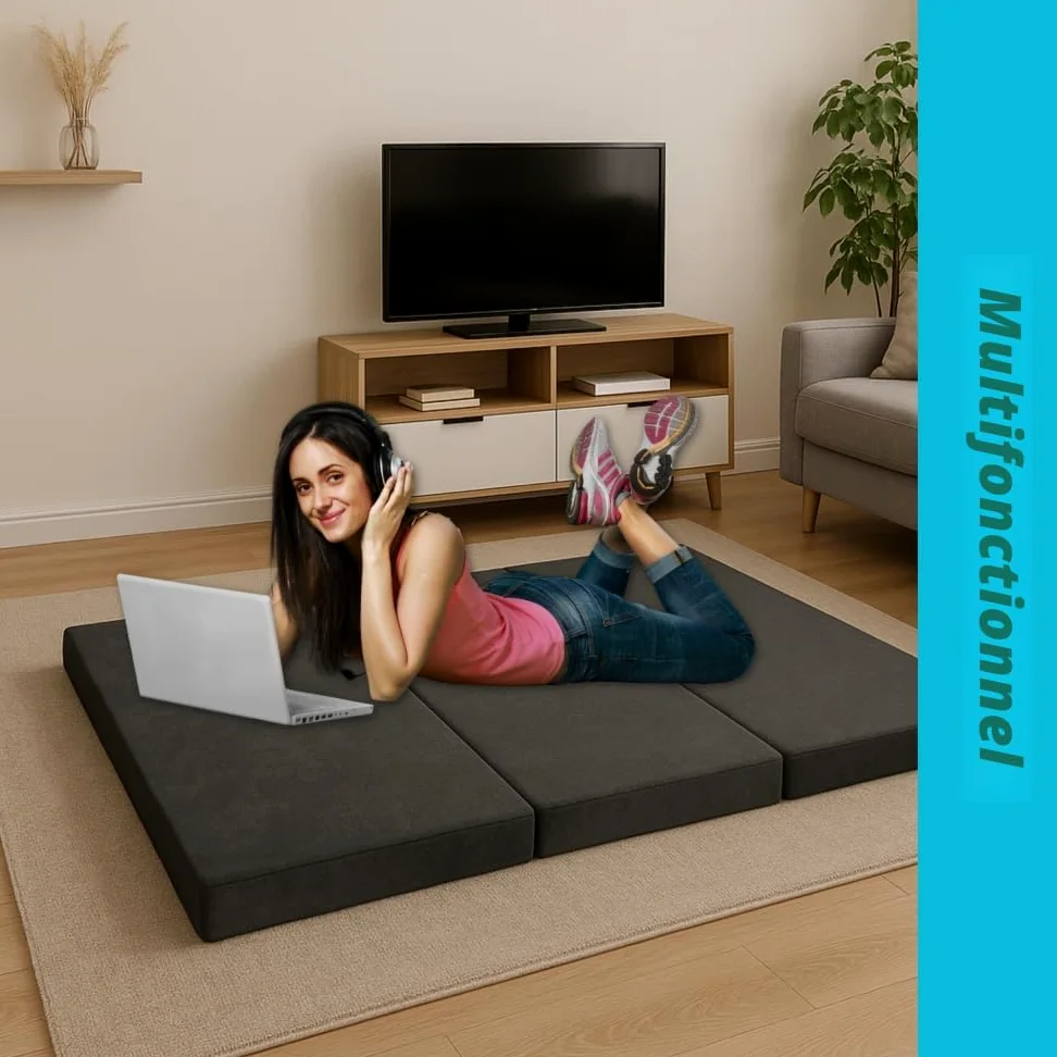 FORTISLINE Matelas Pliant 3 Parties 180 x 65 x 7 cm, Gris Motif - Matelas d’appoint Pliable pour invité, Voyage et Camping, Housse Lavable