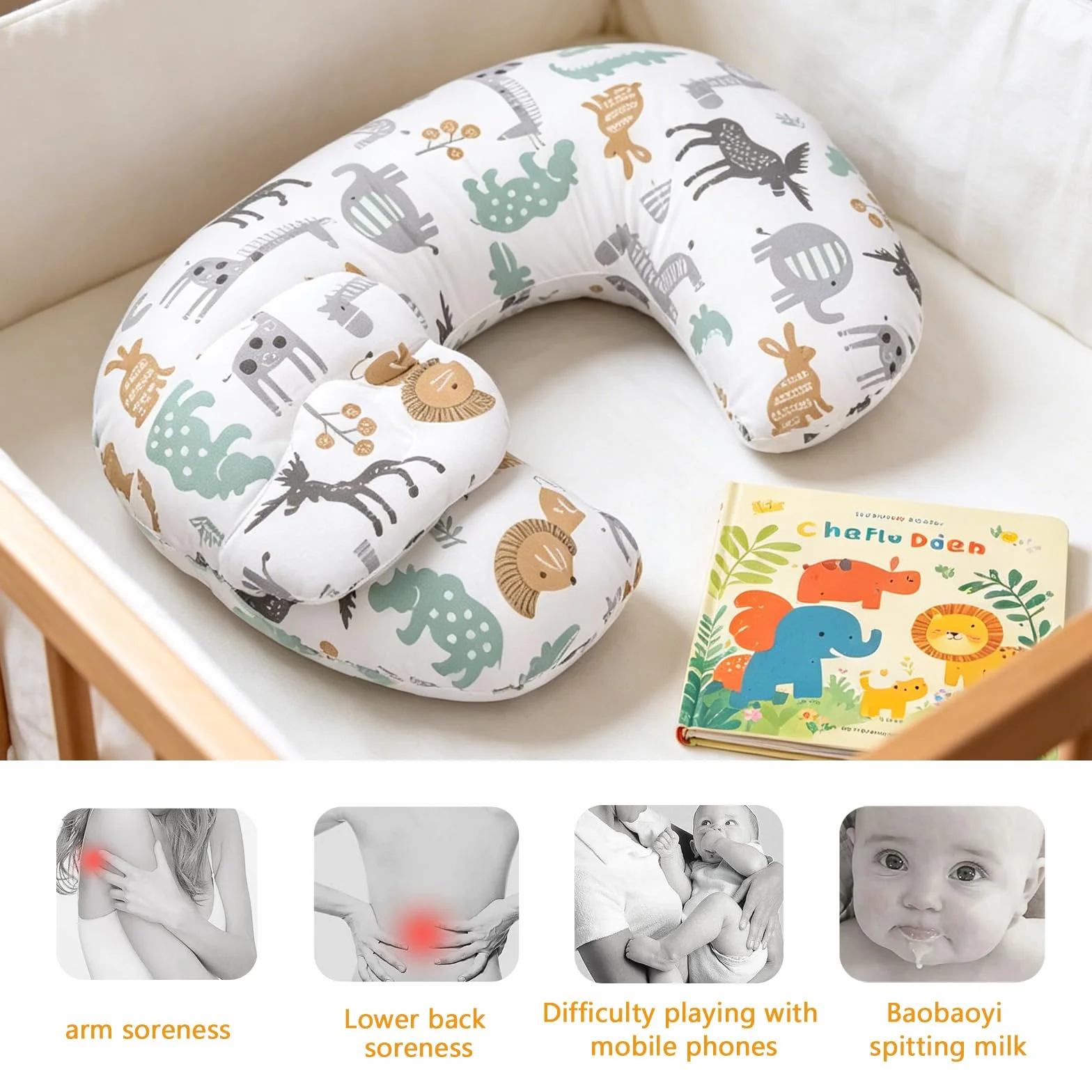BORDEAG Coussin d'allaitement pour nouveau-né 53 x 40 cm avec housse motif parc animalier