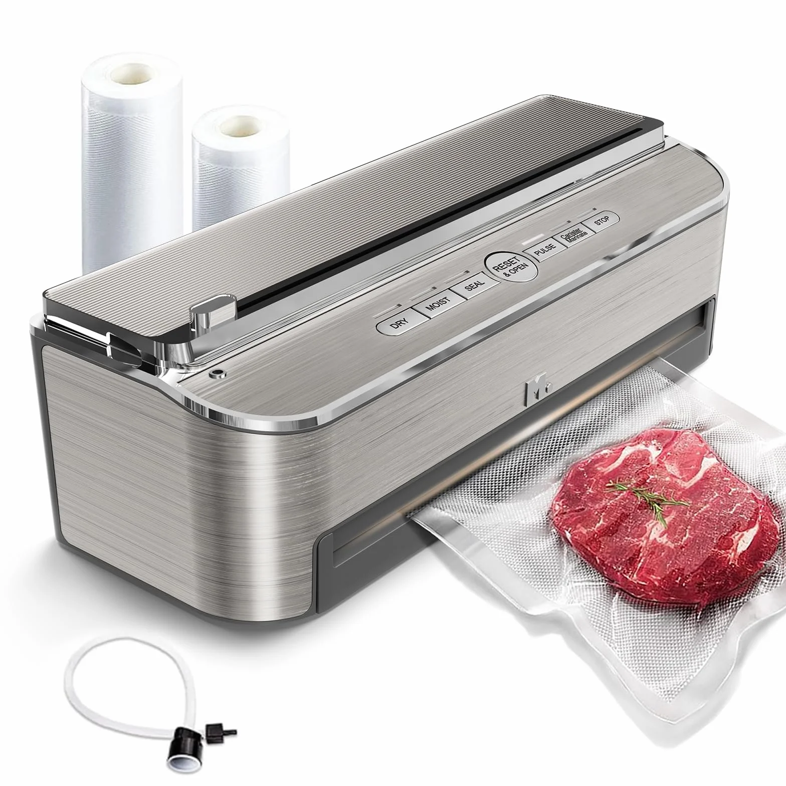 Machine Sous Vide Alimentaire 85 kPa 120 W, Système D'étanchéité Puissant, Cutter Intégré, Rangement de Sacs, Mode Humide, 2 Rouleaux de Sac, Acier inoxydable
