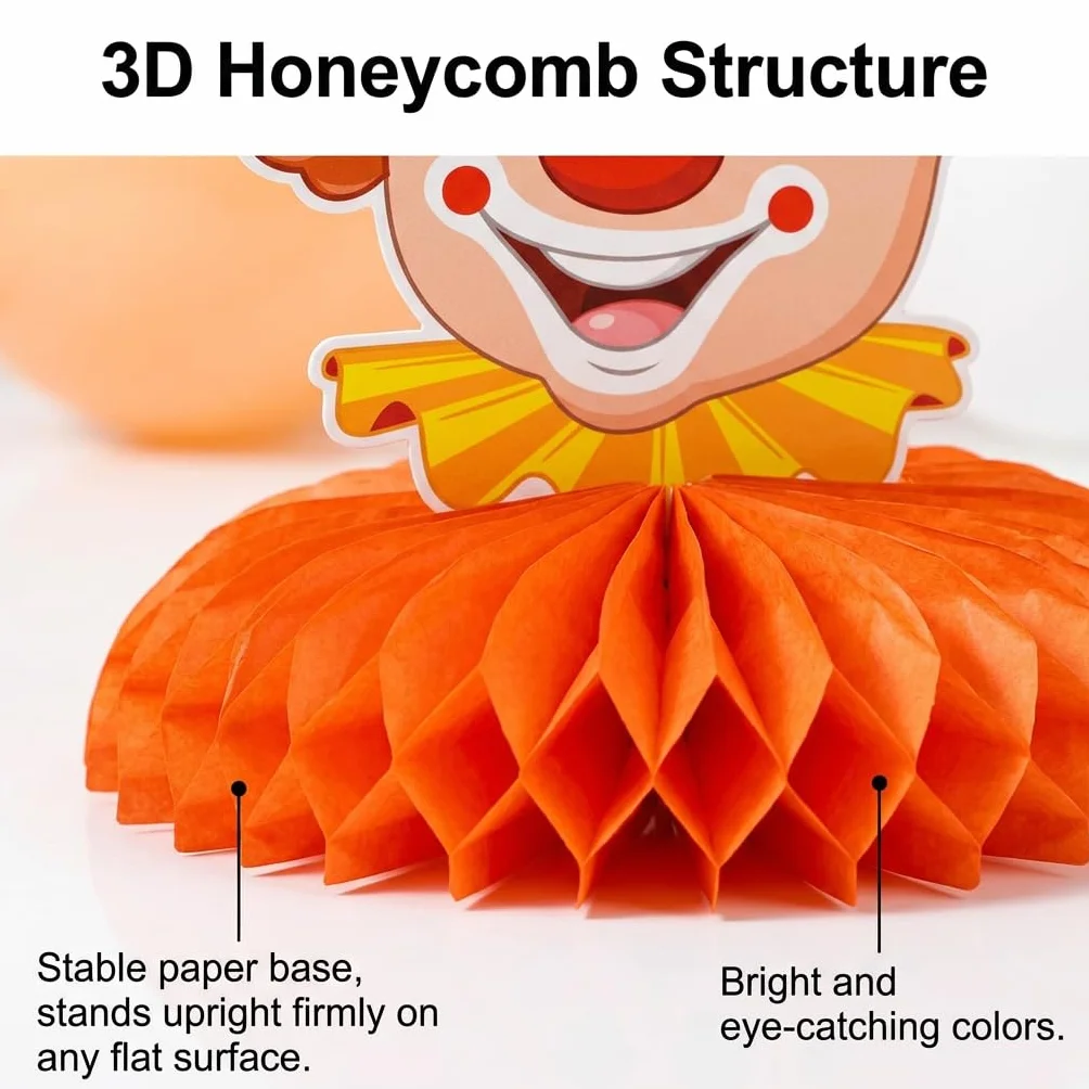 Lot de 6 Décoration Carnaval Clown Nid d'Abeille Centre de Table Cirque 3D Fête Anniversaire Enfant Mardi Gras Ornements Papier Alvéolé