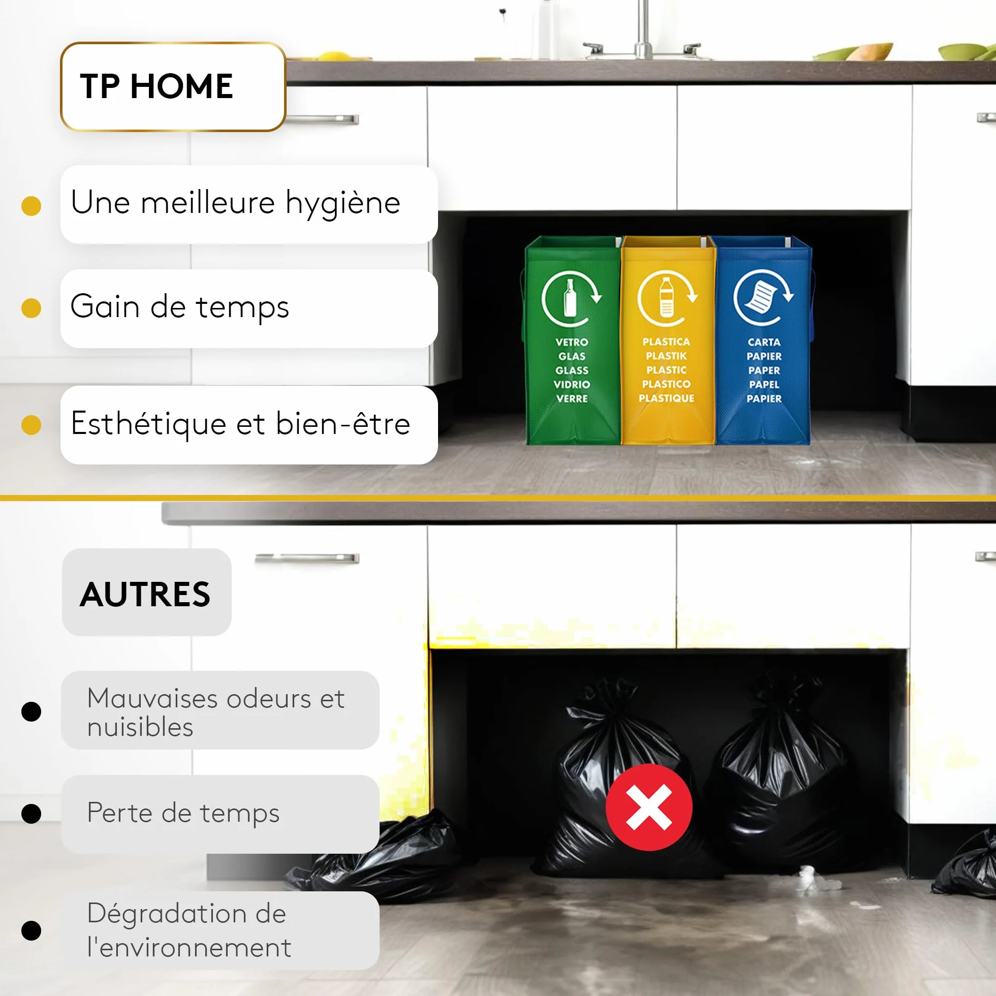 Sac tri selectif 3 bac poubelle tri verre papier plastique flexible avec poignée recyclage