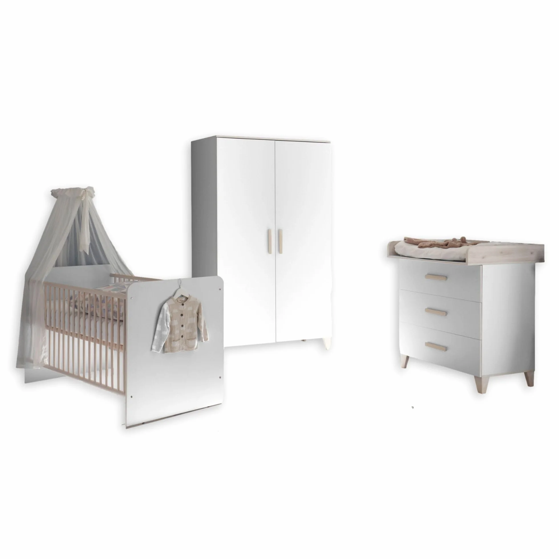 Stella Trading PRIZZI Complet Aspect Ensemble de Meubles pour Chambre 3 pièces, Armoire, Lit de Bébé, Commode à Langer, Bois, Blanc/Aurum