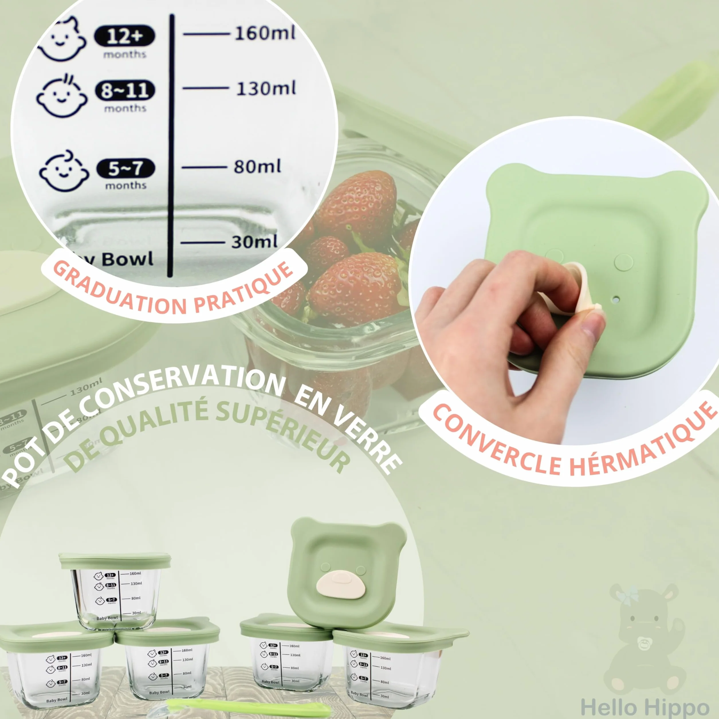 HELLO HIPPO® Lots de 6 Petit Pots en verre Bébé 160ml - Idéaux pour Compotes, Purées et Fruits, Hermétiques et Pratiques avec Graduation, Cuillère Incluse