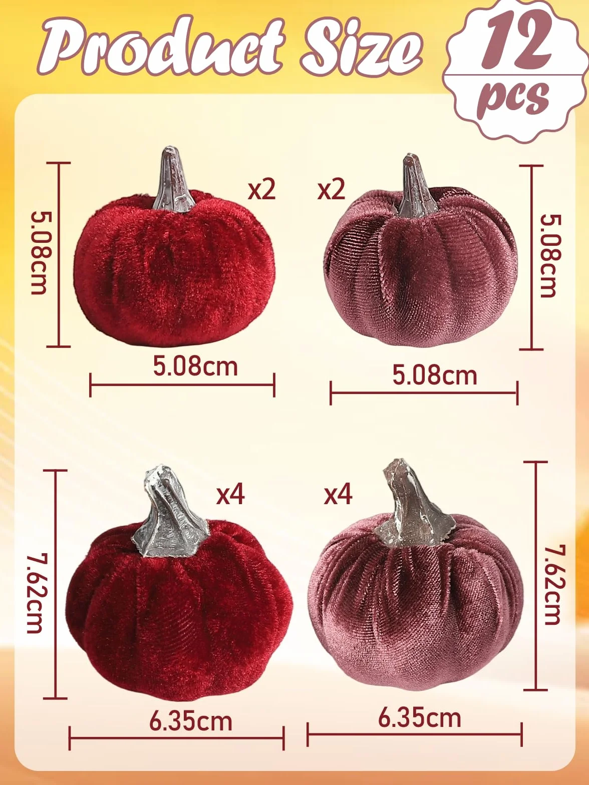 Lot de 12 citrouilles artificielles en velours 2 tailles Halloween décoration de table bordeaux violet
