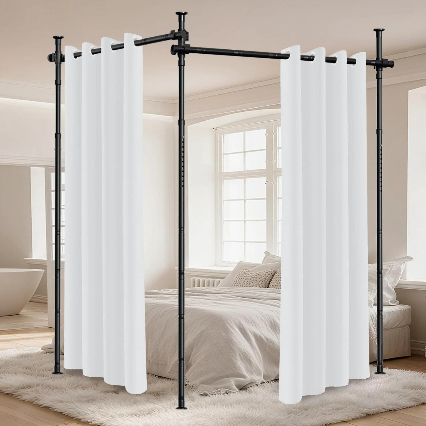 Séparateur de pièce sans perçage, réglable en hauteur (122-320 cm) et largeur (70-355 cm), tringle à rideau, brise-vue pour salon, chambre à coucher, métal, instructions en allemand/blanc