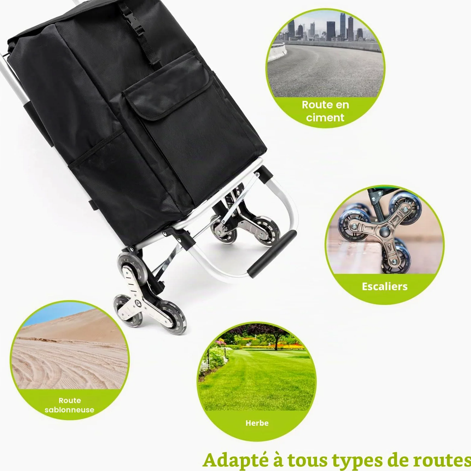 Chariot De Courses Pliable Amovible 6 Roues (56 L),Chariot de Rangement à roulettes avec Sacs de Courses Imperméable et Cordon élastique Ajustable,Chariot à roulettes Escalier,Noir