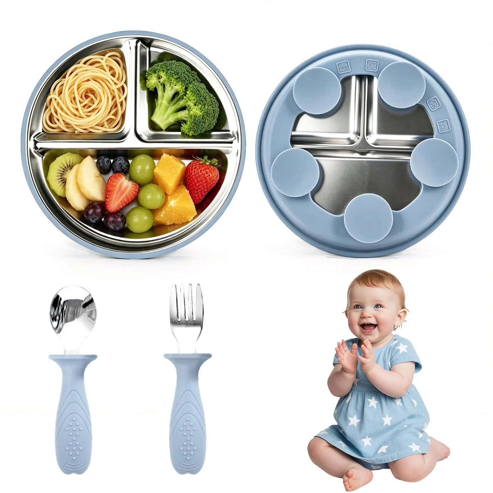 Coffret Repas Bébé Assiette Acier Inoxydable avec Ventouse Silicone Fourchette Cuillère Vaisselle Antidérapante Enfant Sans BPA