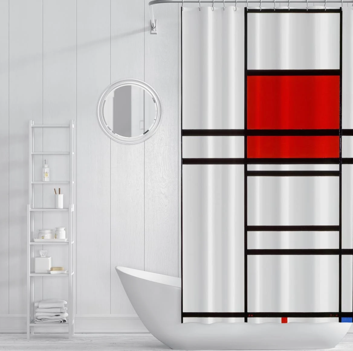 Rideau de Douche Abstrait Moderne en Blocs Rouges, Design géométrique en Grille linéaire, Rideaux de Salle de Bain en Tissu Polyester imperméable, lavables en Machine 200 x 220 cm