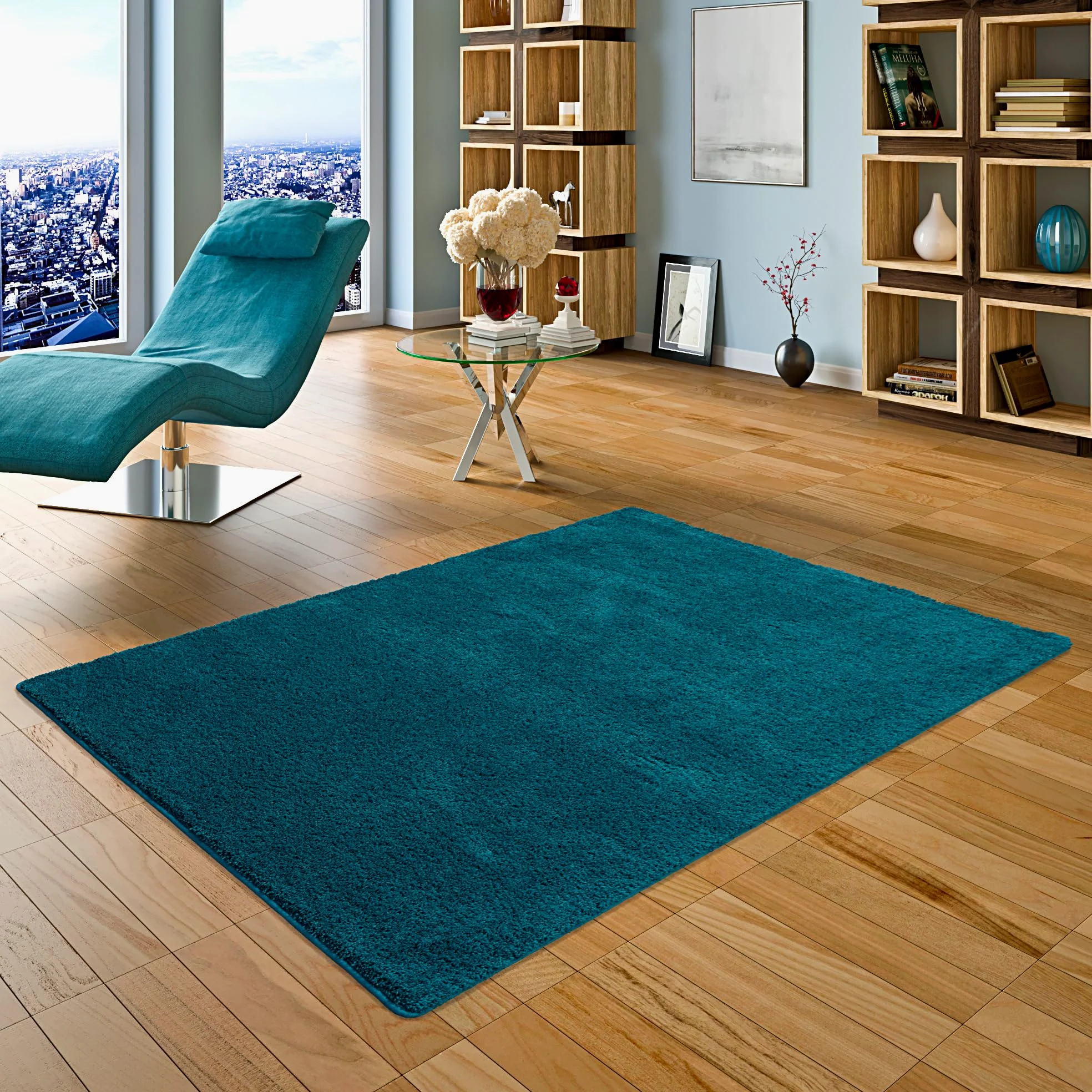 PALACE - Tapis Shaggy à Poils Longs - Sarcelle Bleu Verde - 17 Tailles Disponibles