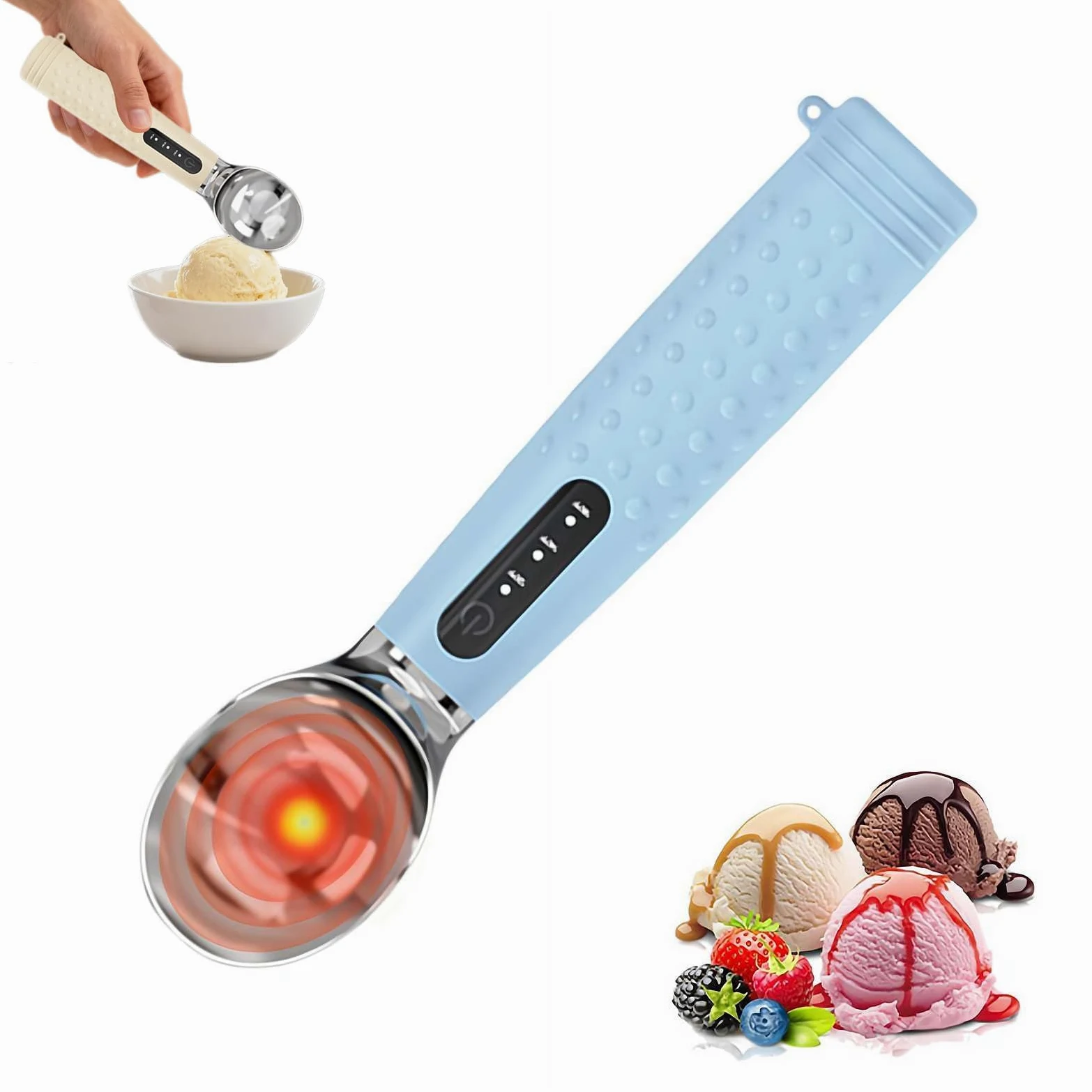 Cuillère à glace chauffante, rechargeable, 3 modes de température, affichage LED, chauffage rapide jusqu'à 71,1 °C, étanche, poignée ergonomique en silicone pour crème glacée dure et desserts