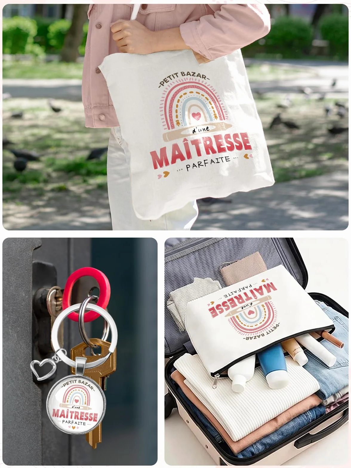 Sac Tote Bag Cadeau Maitresse D'école avec Porte Clés et Carte de Remerciement