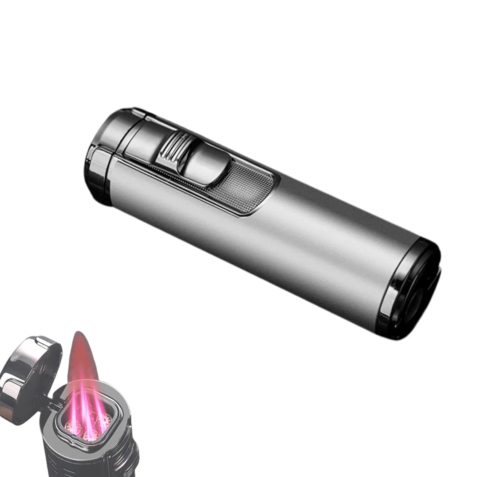 Generic Briquet Gonflable en Métal Cylindrique 4 Jet Flamme Rouge Rechargeable Butane Briquet Cigarette Allume-Cigare Accessoires Fumeurs pour Hommes,Silver