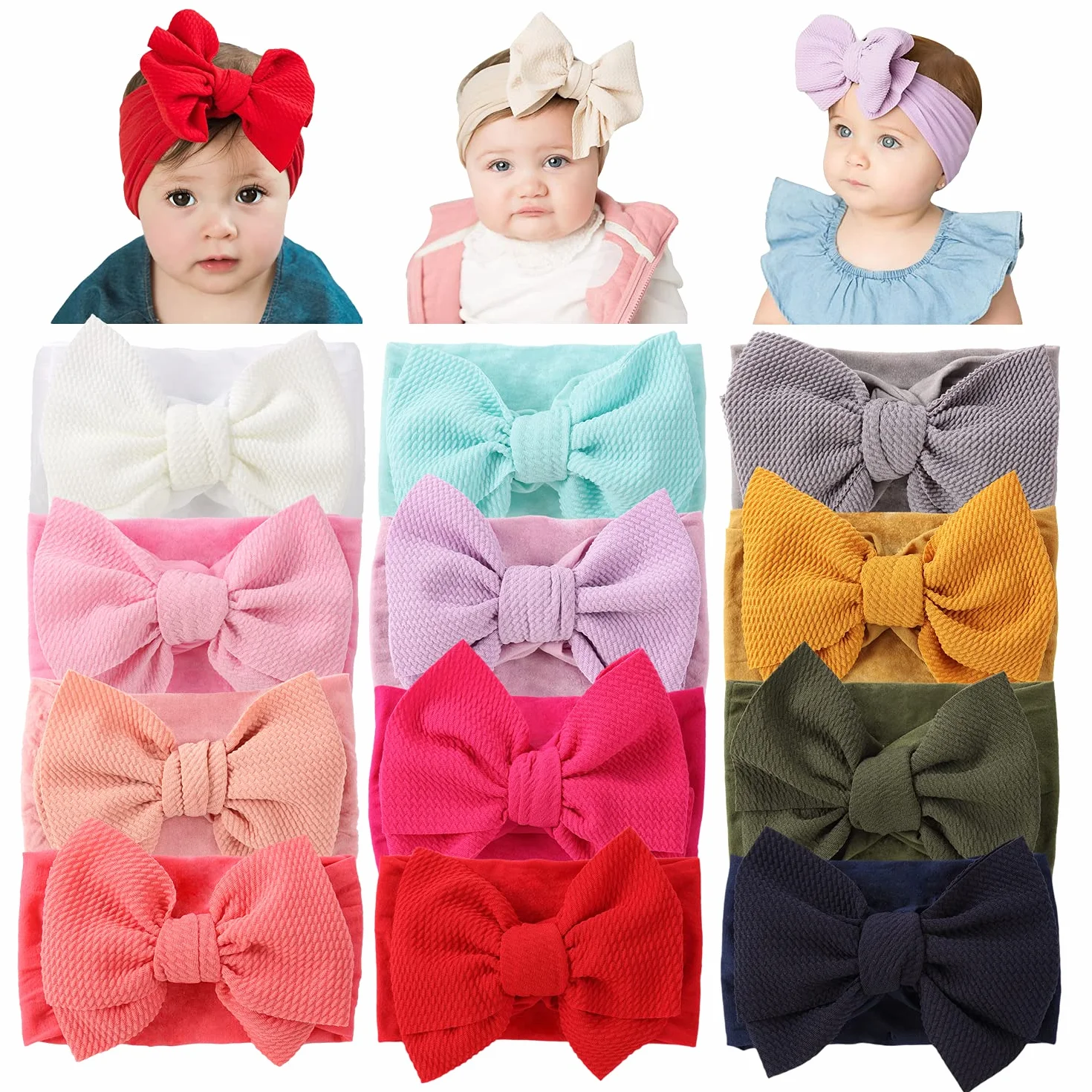 Cinaci Lot de 12 Bandeaux en Nylon Super Extensible avec Gros Nœud Accessoires Cheveux Bébés Filles