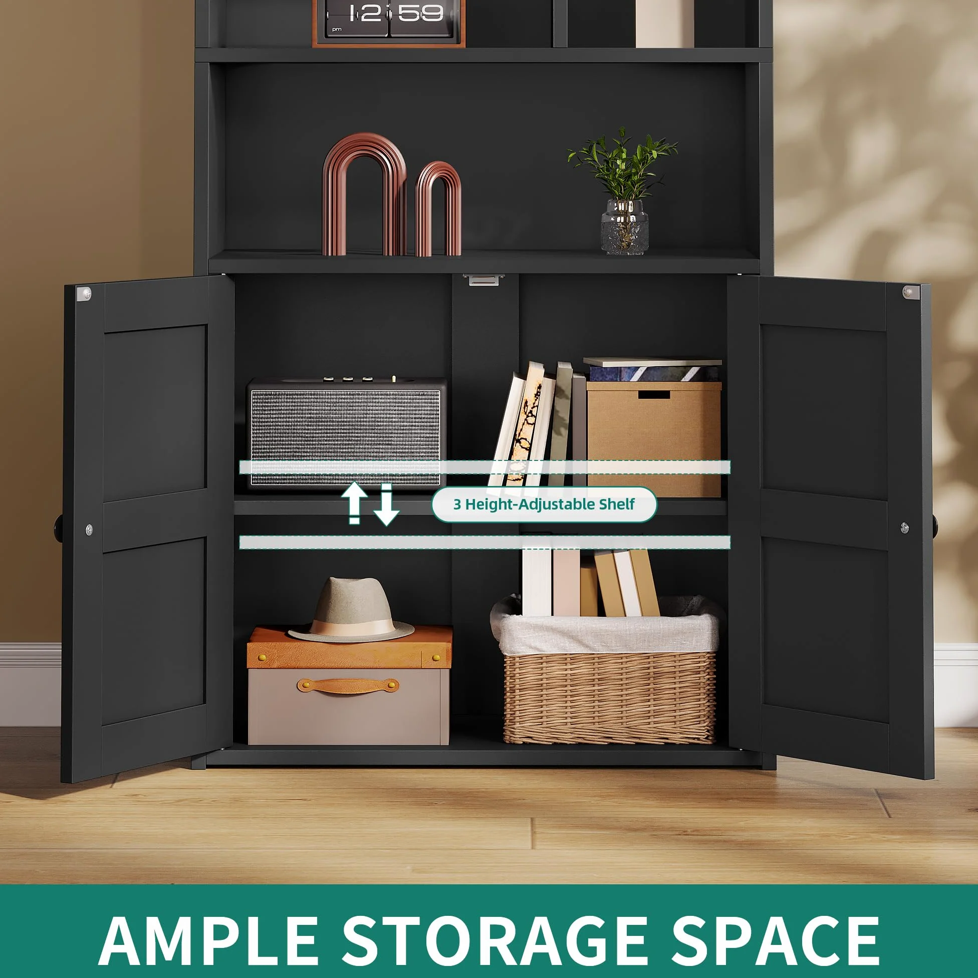 YITAHOME Bibliothèque à 4 Niveaux avec Portes et Placard, étagère de Rangement sur Pied, Compartiment Ouvert, idéale pour la Maison, Le Bureau, Le Salon ou la Chambre, Noire, 60 x 30 x 159 cm