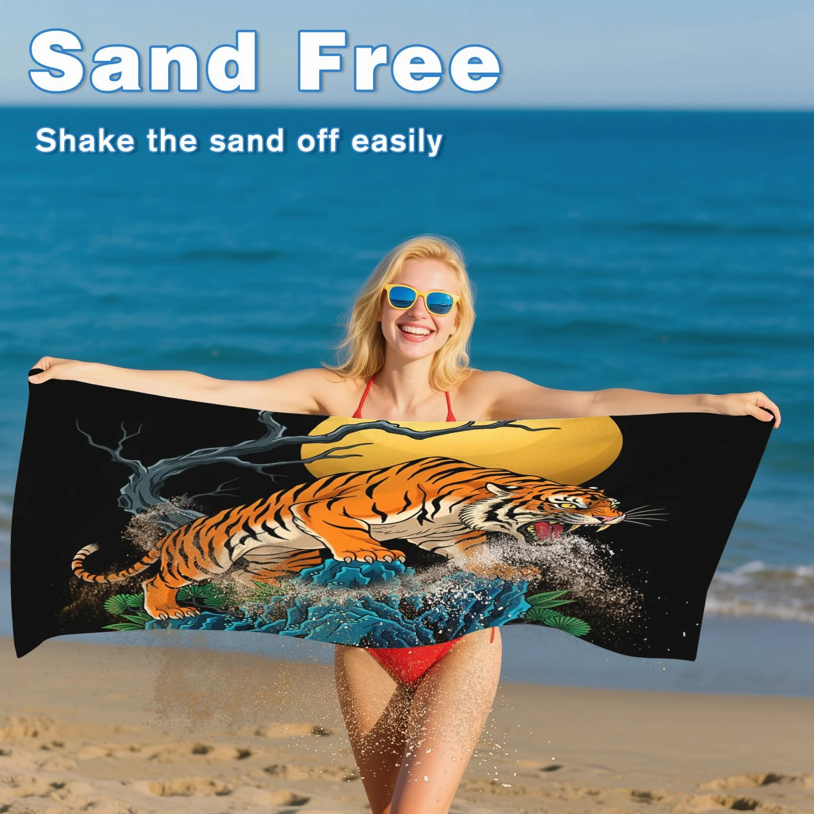 Serviette de Plage XXL Microfibre Tigre Style Asiatique Japonais, Drap de Plage Séchage Rapide Anti Sable & Légère, Serviette de Bain Grande Taille 150x200 cm, Accessoire & Cadeau été