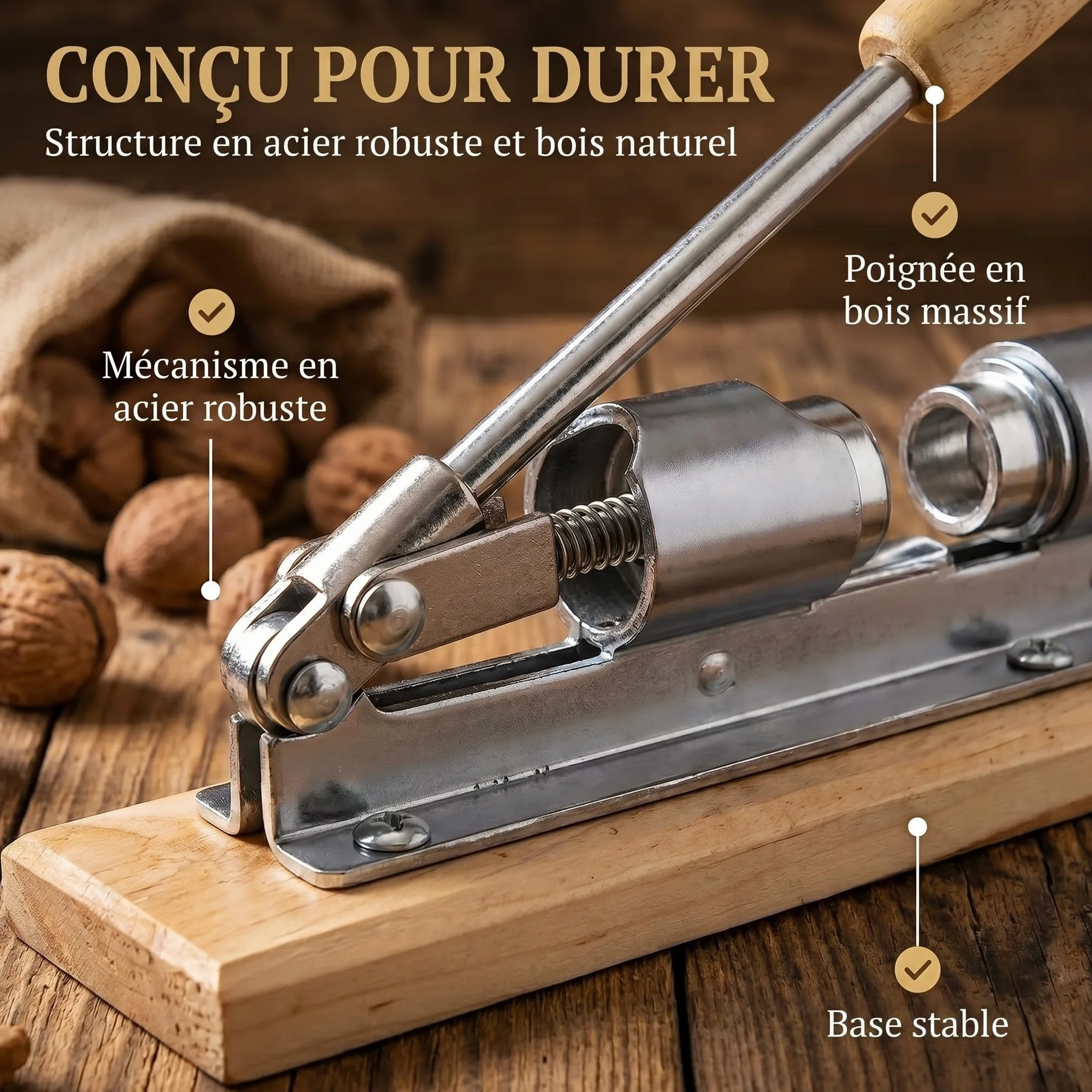 Casse-noisettes en acier inoxydable avec levier réglable