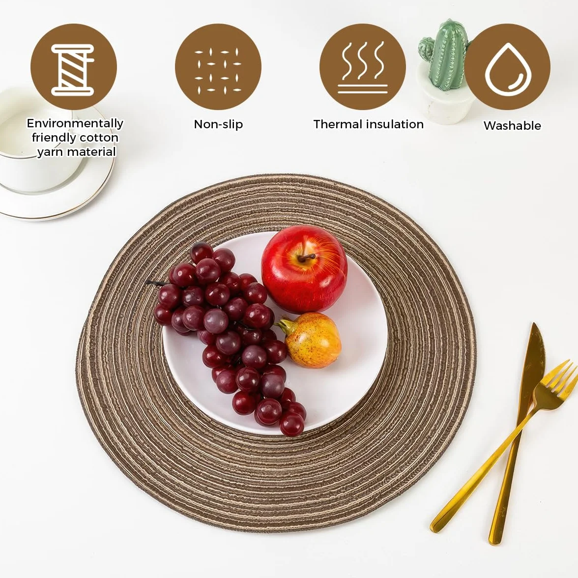 Set de Table Rond 30 cm 6 Pièces en Coton Tressé Lavable Résistant à la Chaleur Antidérapant