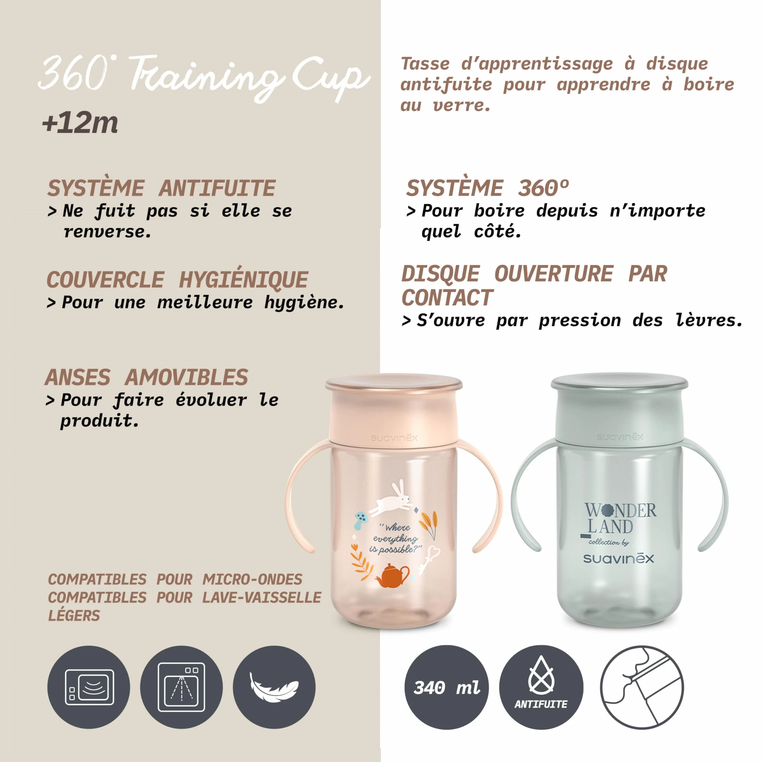Suavinex Tasse Apprentissage Bébé Magic Cup 360° Antifuite 340 ml Rose +12 Mois
