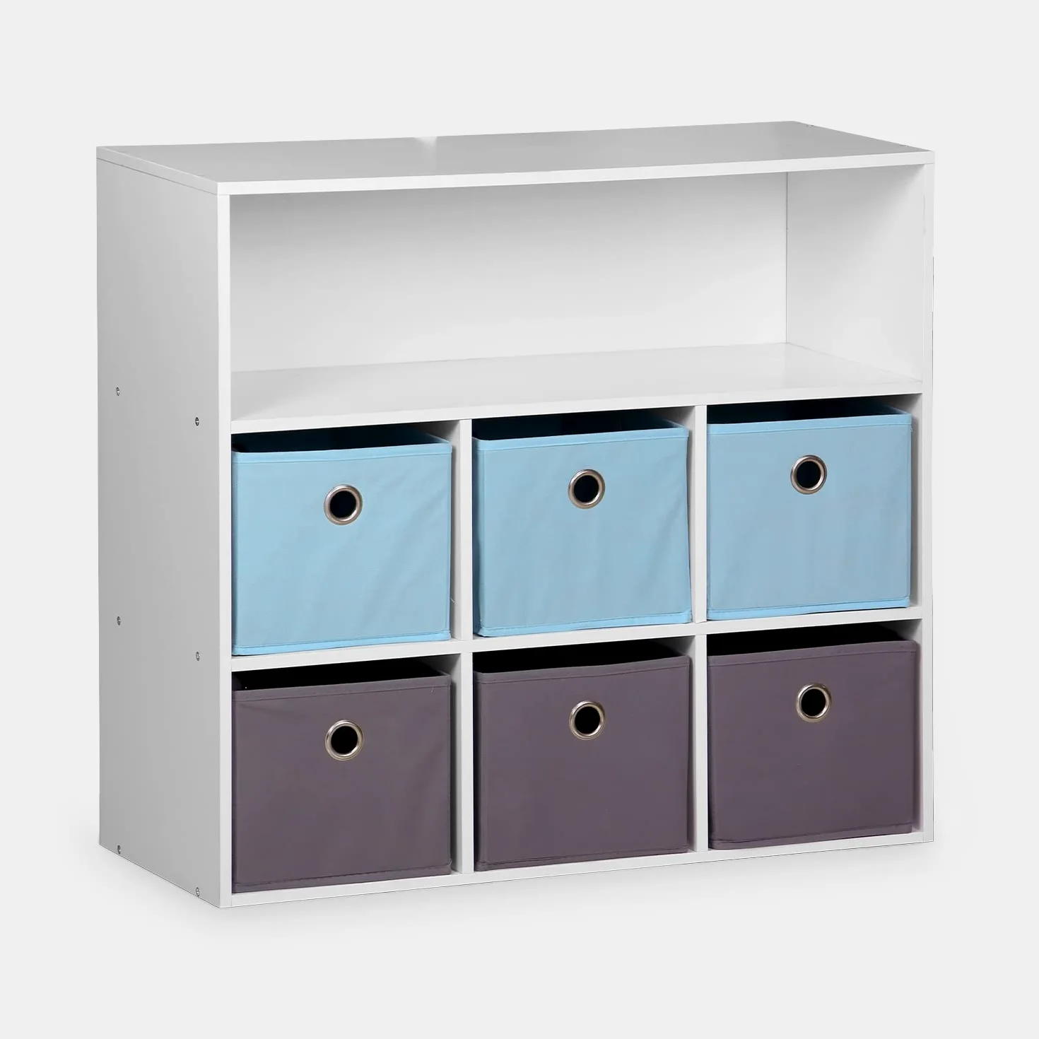 Alice's Home - Meuble de Rangement pour Enfant. Blanc - Camille - avec 7 Compartiments et 6 paniers Gris et Bleus