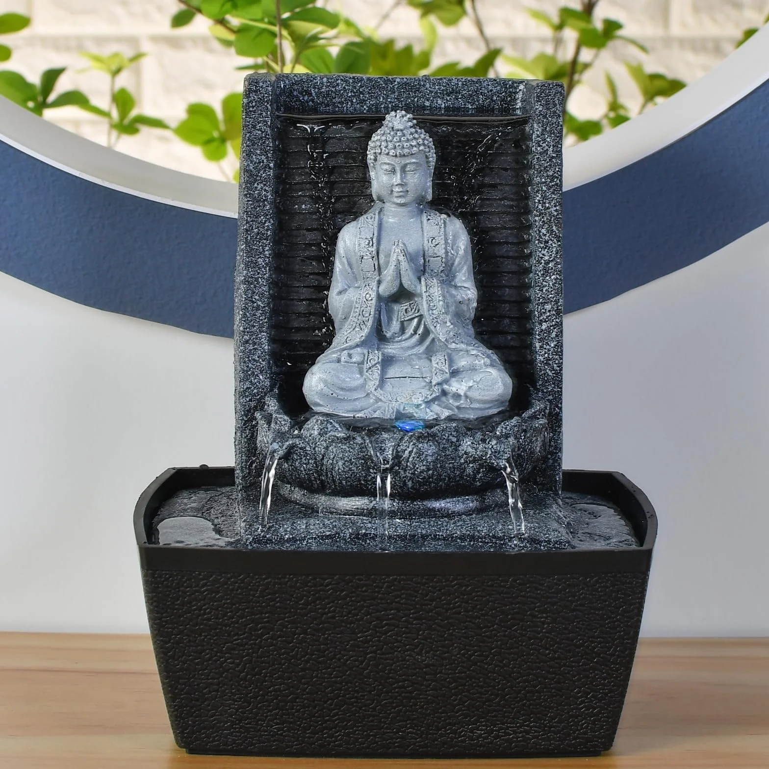 Fontaine d'Intérieur Bouddha Mur d'Eau Cascade Lotus Lumière LED Blanc Déco Zen Salon Chambre Feng Shui H 26cm