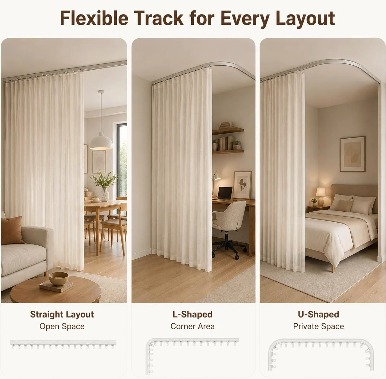 Rideau Séparation Pièce avec Rail Flexible 270cm, Séparateur de Pièce Beige | Séparez Facilement Votre Espace avec Rail Plafond Flexible, Rideau 254x213cm, pour Chambre, Salon, Bureau et Dressing
