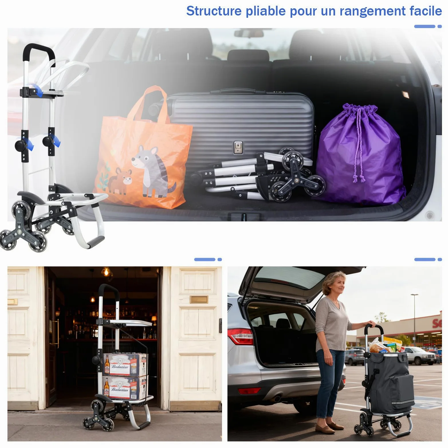 Sekey Chariot de Courses 3 Roues Monte Escalier Pliable 3 en 1, Caddie Isotherme avec Sac Amovible, Diable et Trolley, Grande Capacité, Léger et Solide, Idéal Courses et Seniors – Gris
