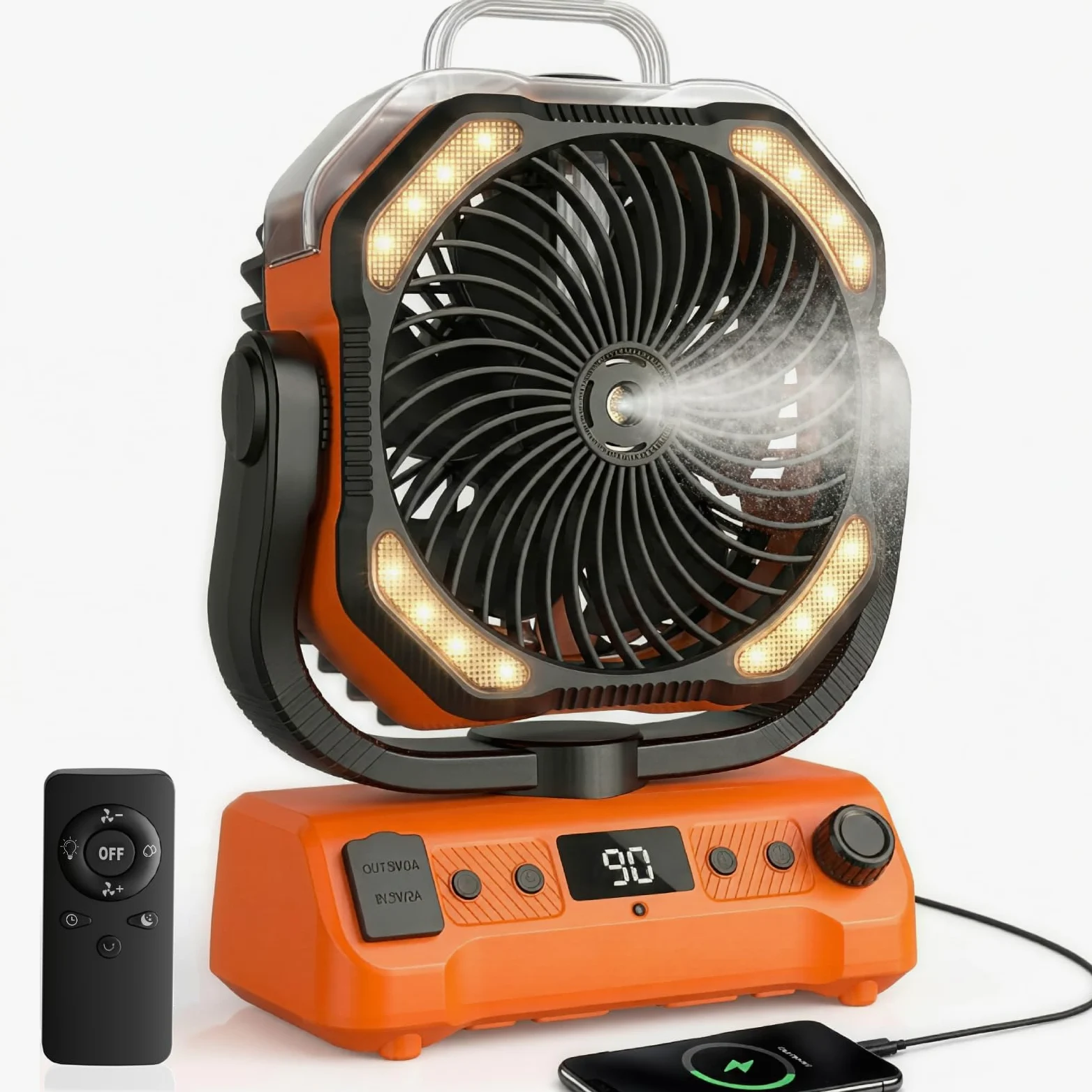 Lolleys Ventilateur Brumisateur de Camping 20000mAh, Ventilateur Portable Rechargeable avec Télécommande, Double Moteur, Crochet 360°, Vitesse Variable pour Extérieur Pêche Camping-car Plage, Orange