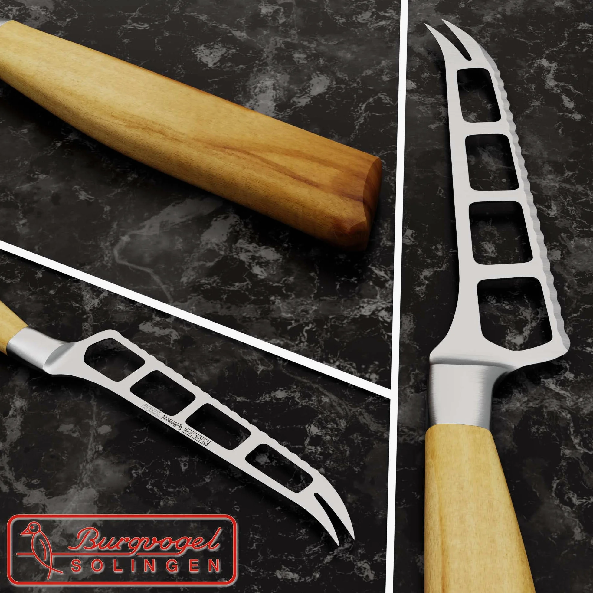 Burgvogel Solingen Couteau à Fromage 14 cm forgé Bois d'olivier, Oliva Line, Bord dentelé, Inoxydable, Brillant, Tranchant