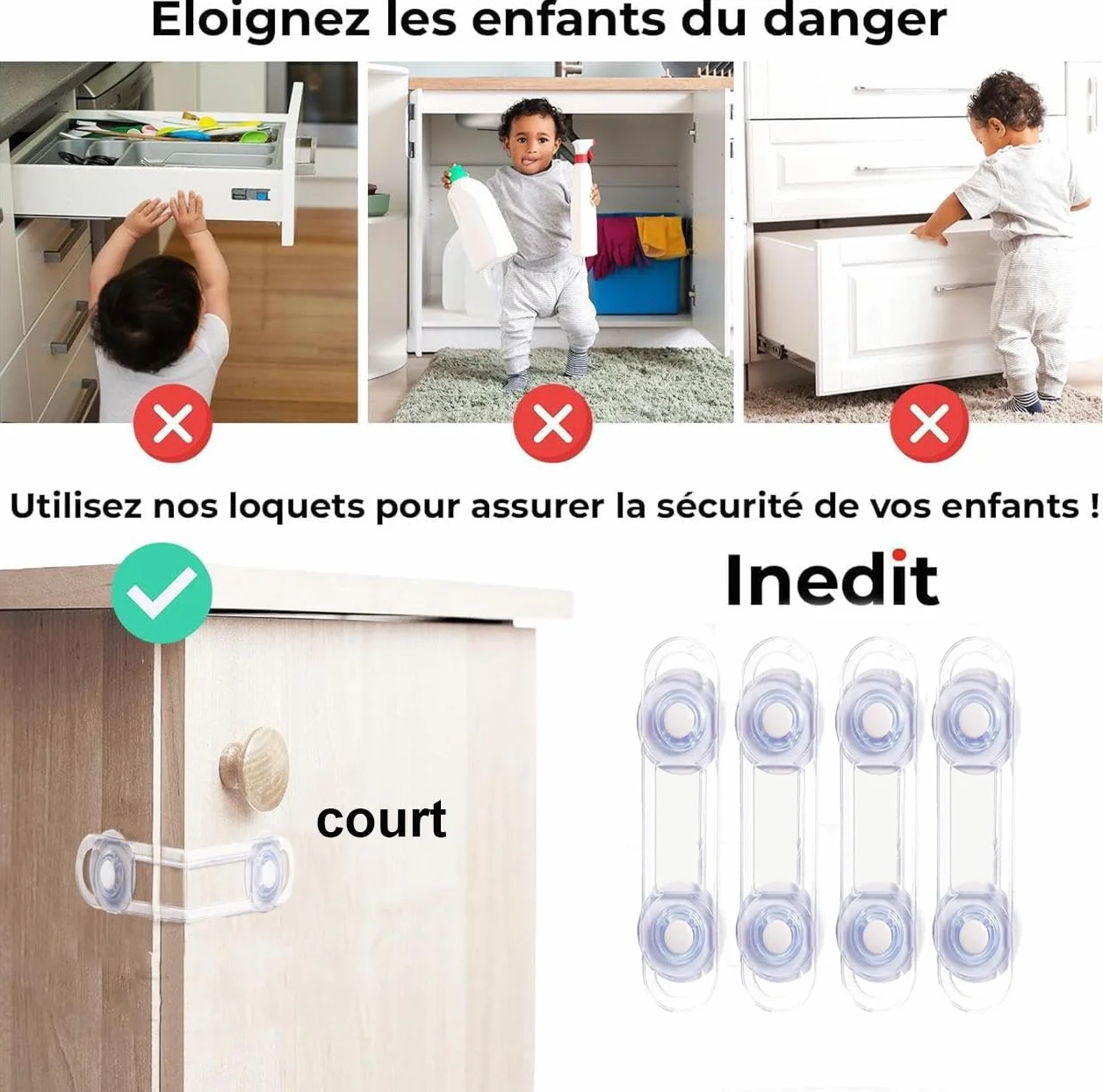 Bloc Placard Bébé Société Française Sécurité Enfant - Bloque Porte Placard Fenêtre - Protection Sécurite Domestique (4 pièces)