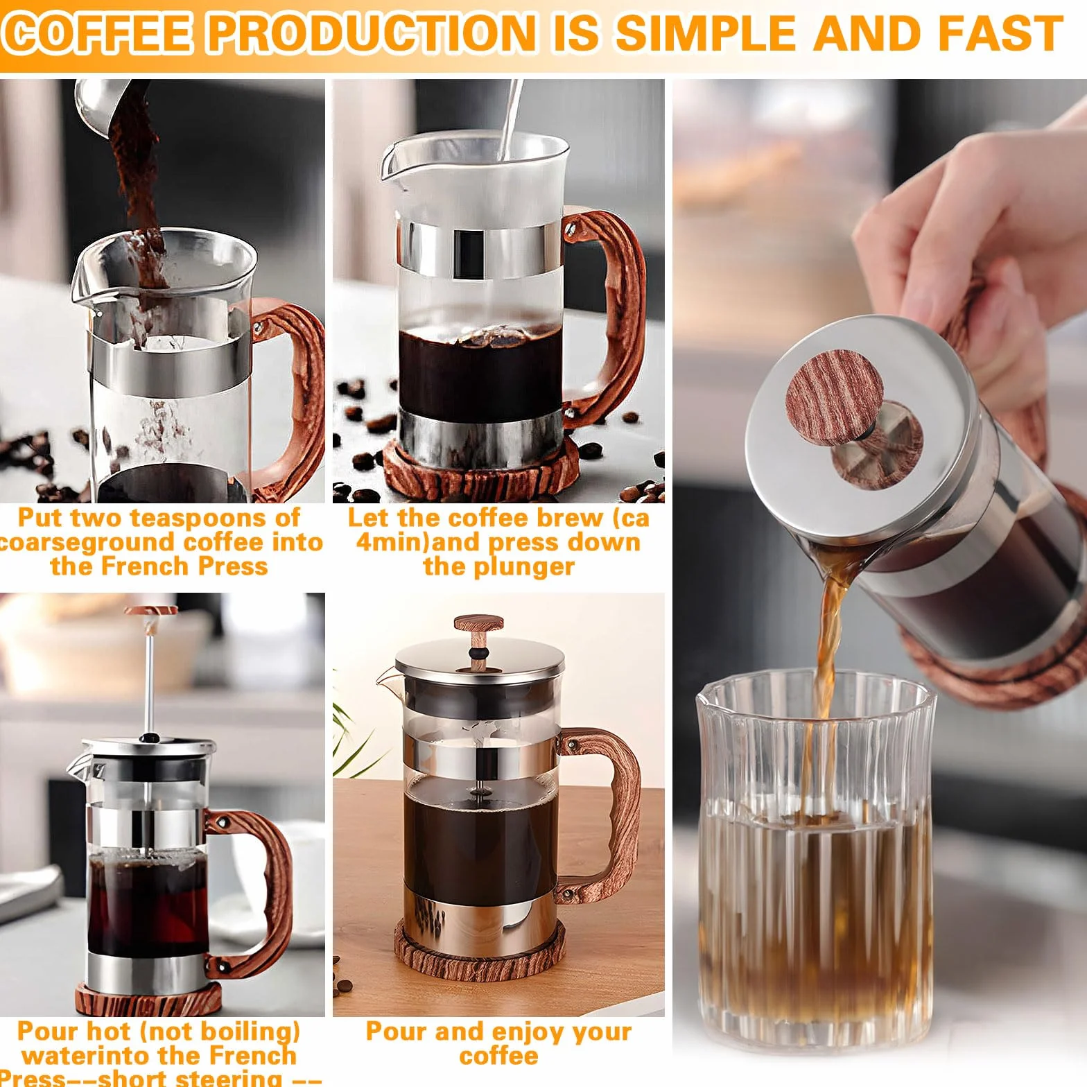 Cafetière à Piston en Verre 1000ML, Presse Française Résistant à la Chaleur avec Filtre en Acier Inoxydable