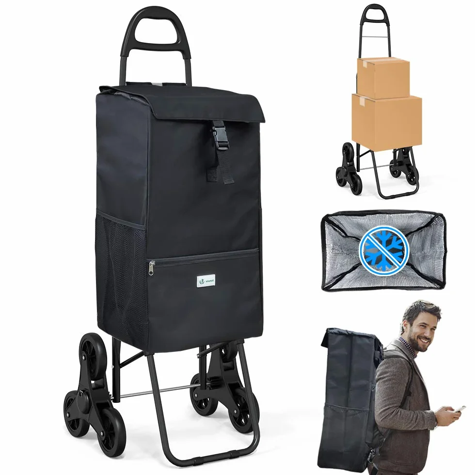 VOUNOT Chariot de Courses Solide Pliable 3 en 1 avec Compartiment Isotherme 6 Roues 35 L Charge Max 30 kg Noir 104 x 45 x 40 cm