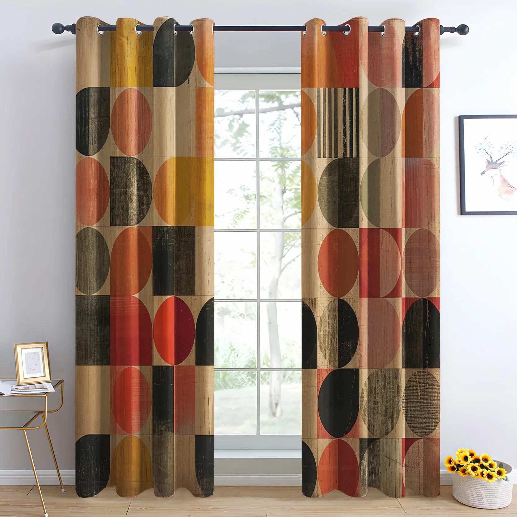 Rideau Occultant Milieu du Siècle, Cercle Boho Motif Rideaux Thermiques à Oeillets, Rideaux Imprimé pour Salon Chambre Fenetre Moderne Décoration, 110x215 cm (L x H), Lot de 2