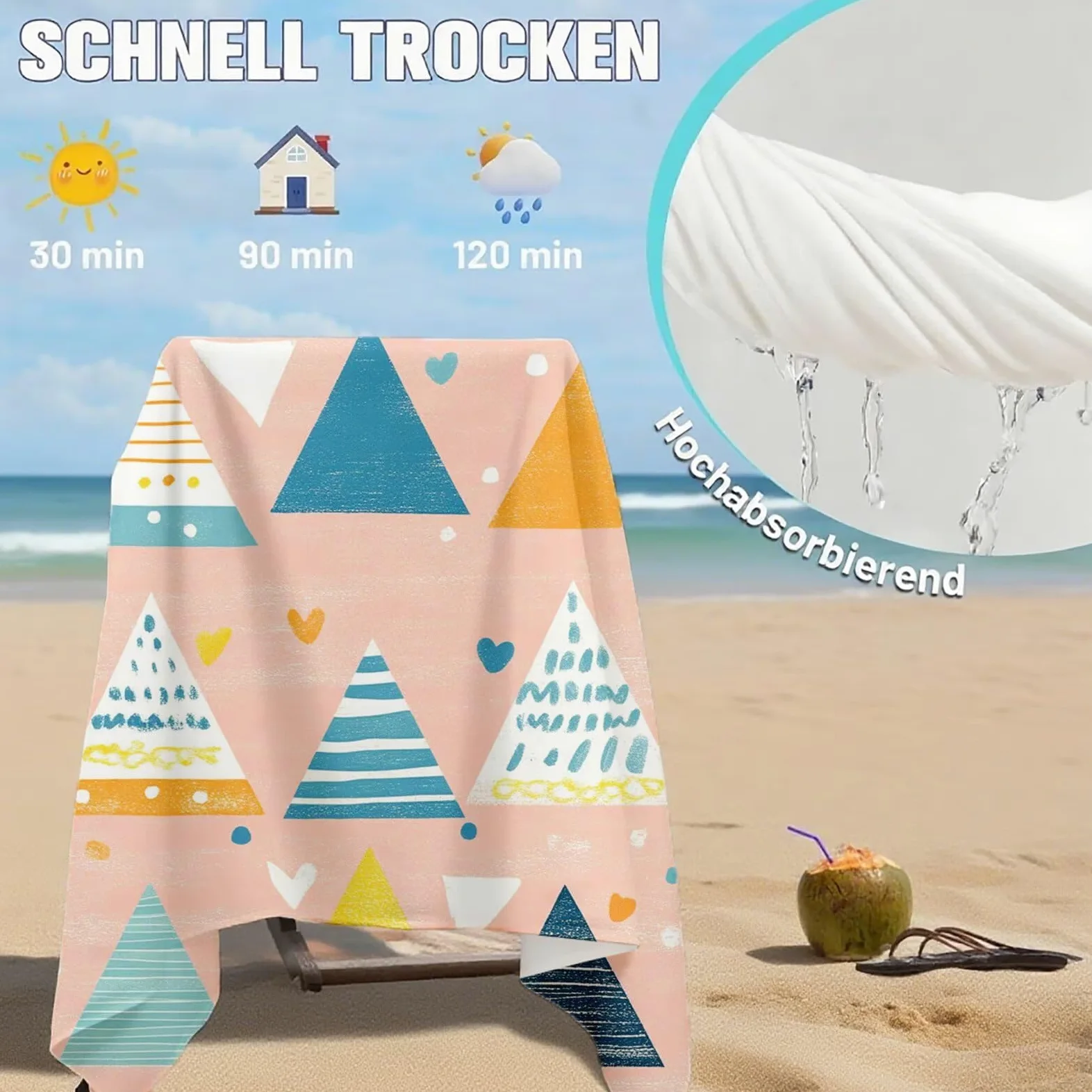 Serviette de Plage Microfibre Serviette Plage 100x220 2 Pack Séchage Rapide, Anti-Sable, Absorbante Fonction drap de plage xxl pour Bain, Sport, Voyages, Sauna, Piscine, Yoga, avec Sac Géométrie Q-780