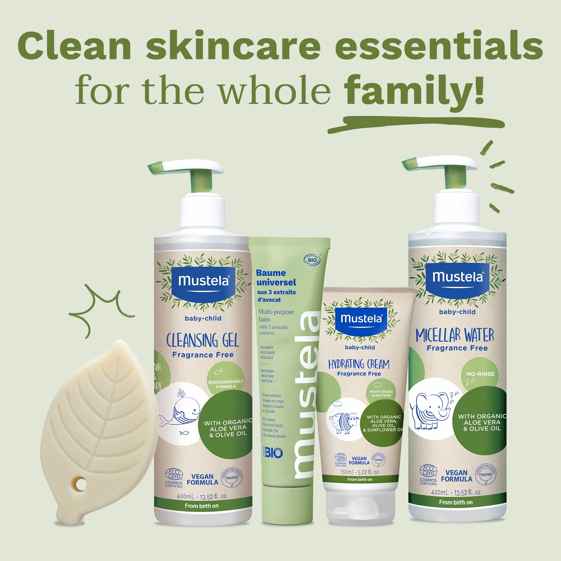 Mustela Shampooing Nettoyant Solide Vegan Huile Olive Avocat Corps Cheveux Enfants 3+ Famille 75g