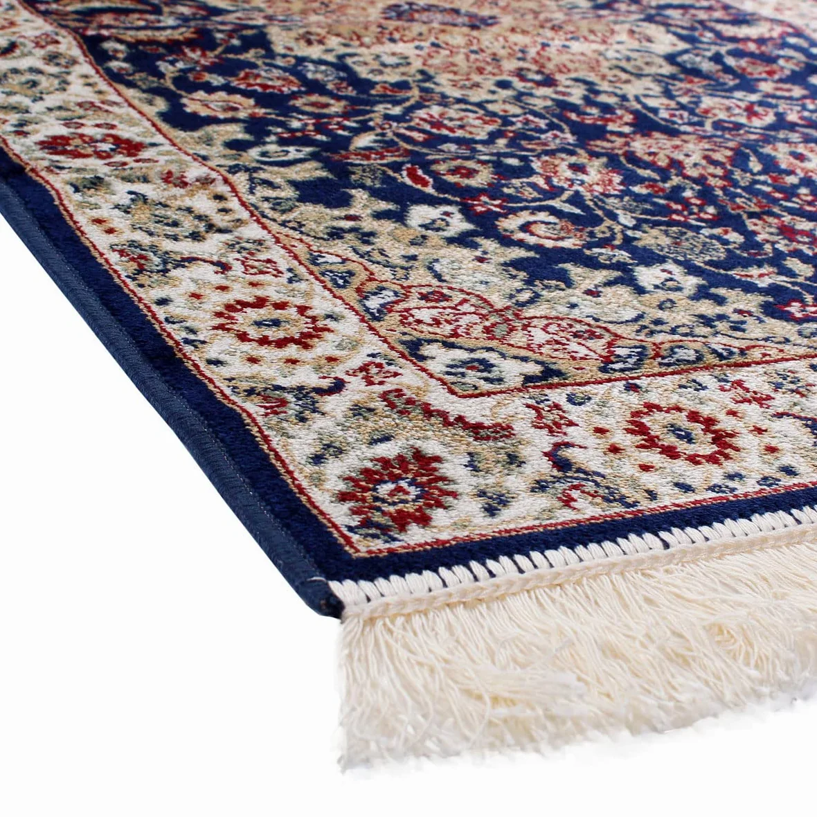 Tapis oriental perse classique SaRani avec frange dorée décor bleu bordeaux vert (140 x 200 cm, Bleu)