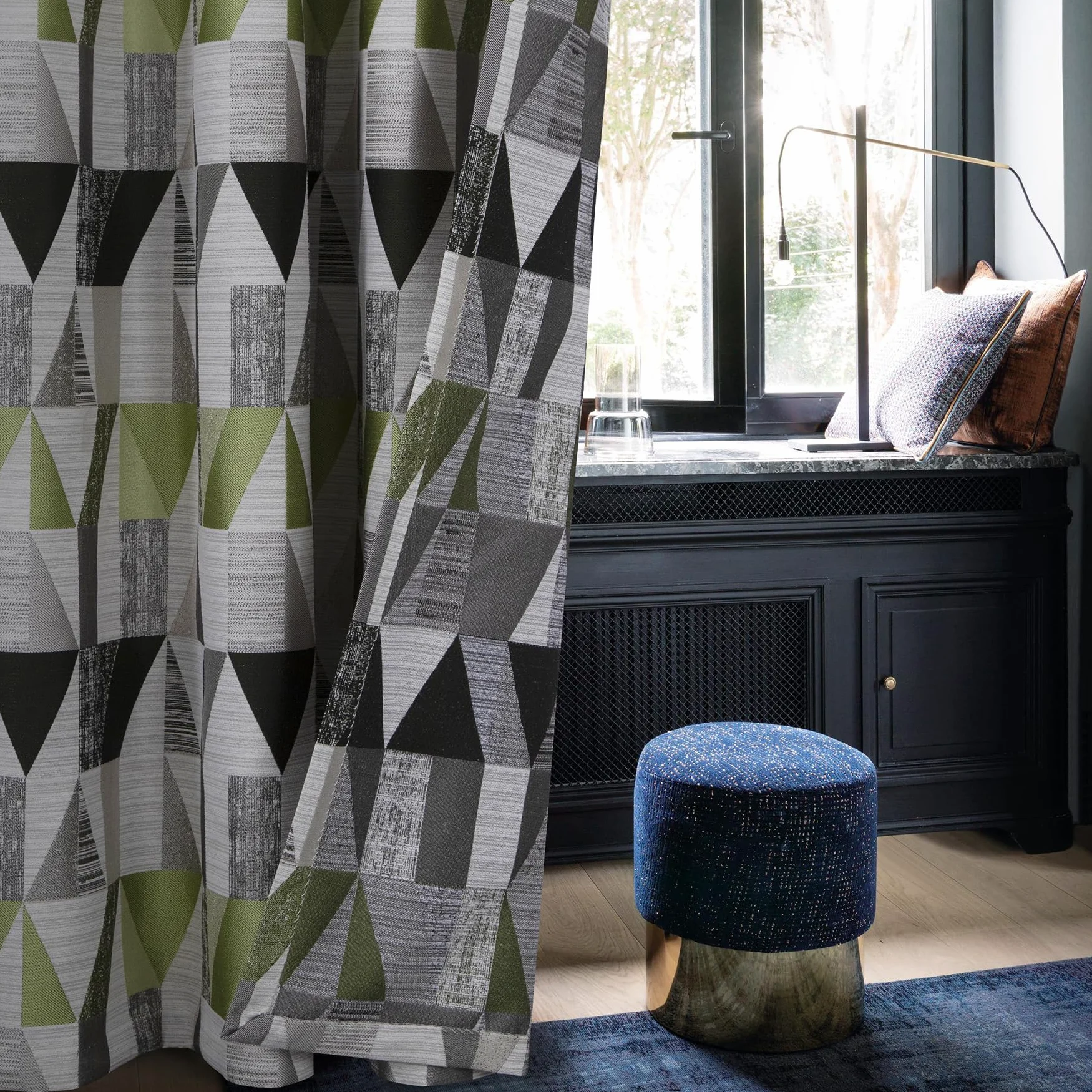 always4u Rideau Occultant à Motifs Géométrique en Faux Lin, Double Rideaux Isolation Thermique à Oeillets pour Salon et Chambre, Moderne, Vert 140x245cm Lot de 2