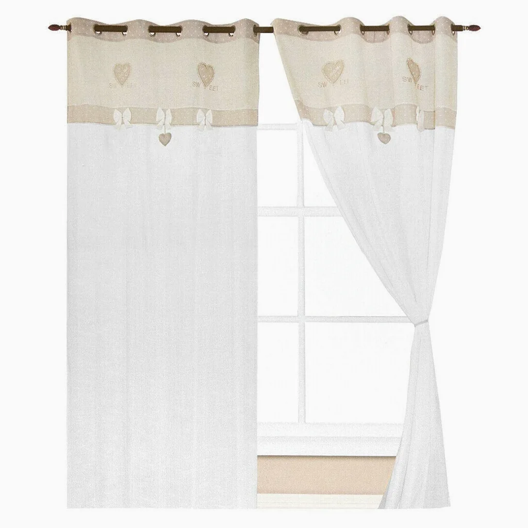 emmevi Paire de rideaux de fenêtre de porte intérieure, tissu maison shabby chic, modèle rideau petits cœurs 140X290 cm, gris
