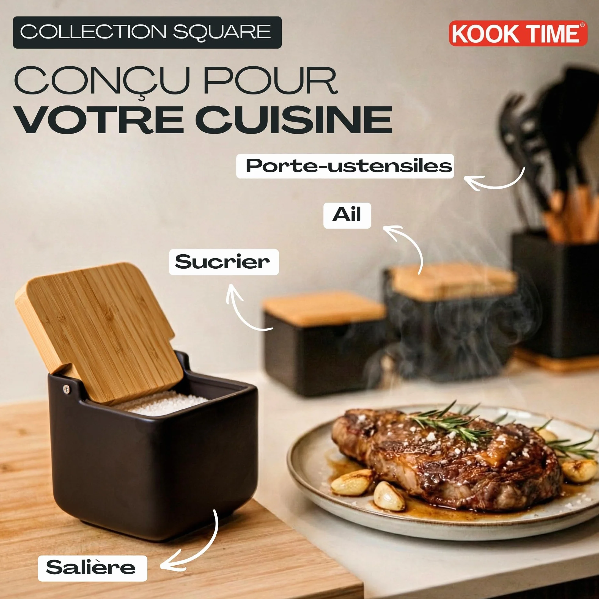 Boîte à sel cuisine céramique avec couvercle bambou 11.5 cm noir