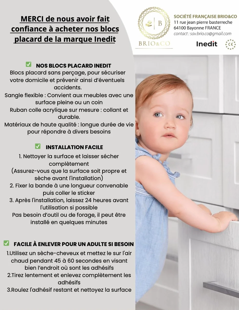Bloc Placard Bébé Société Française Sécurité Enfant - Bloque Porte Placard Fenêtre - Protection Sécurite Domestique (4 pièces)