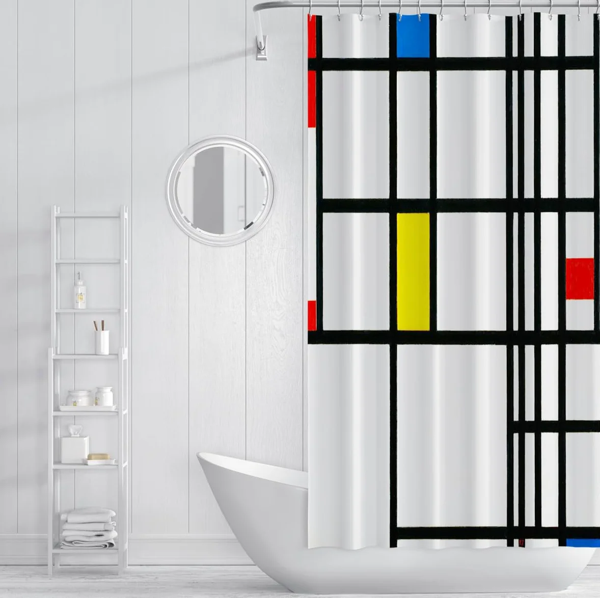 Rideau de Douche à Grille Noire Minimaliste Rideau de Bain Abstrait géométrique Blanc en Tissu Polyester Rouge Jaune Bleu Bloc de Salle de Bain 200 x 220 cm