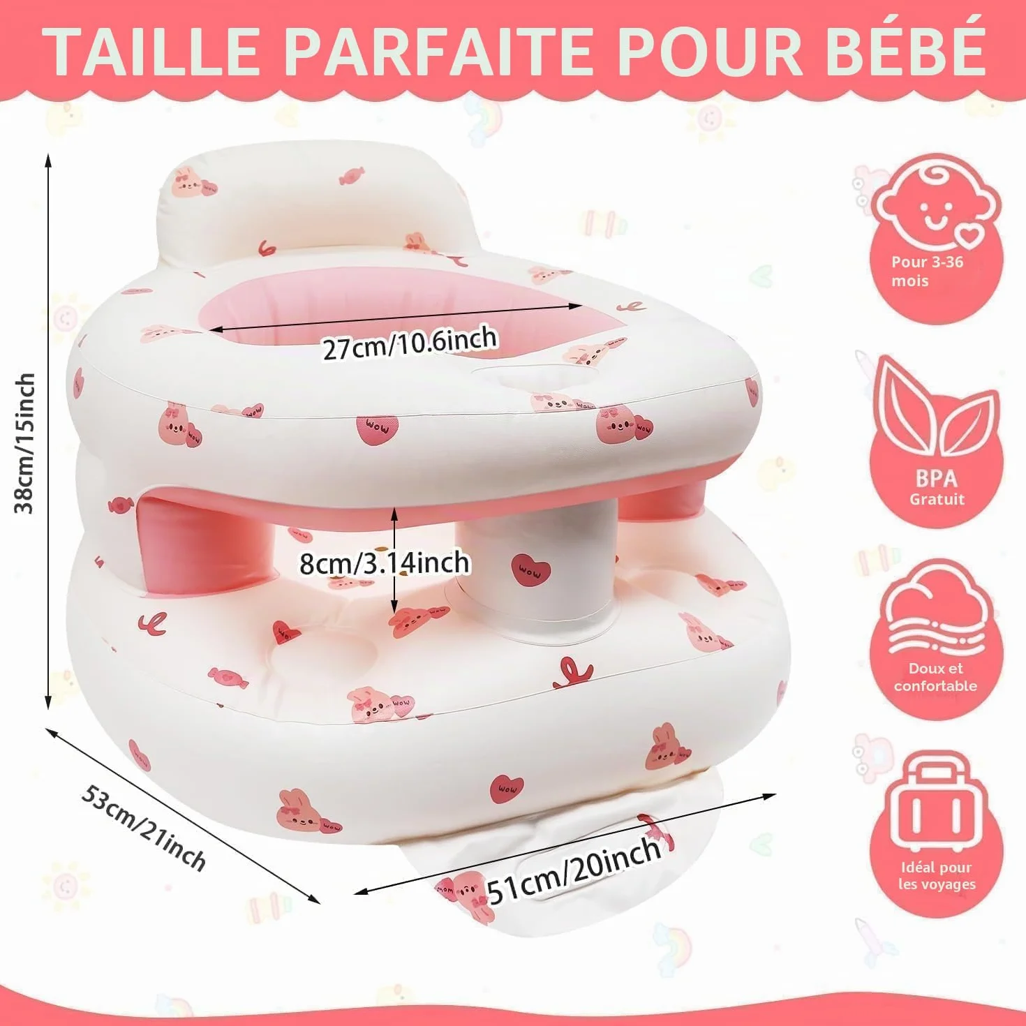 Siège Gonflable Bébé 3 Mois+ Chaise Gonflable avec Pompe Intégrée Lapin