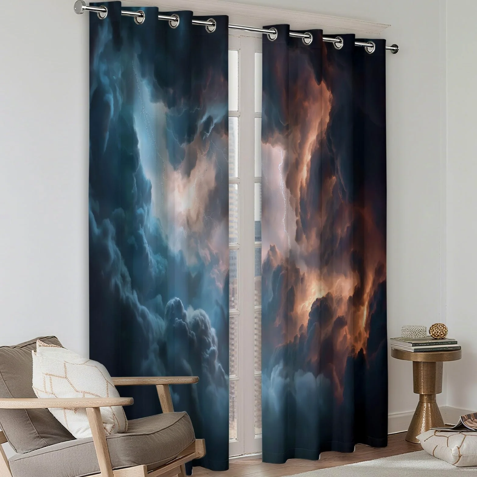 Rideau Occultant Gris, Style Fantastique Nuages Sombres Éclairs Rideaux à Oeillets, Rideau Thermique Isolant Anti Froid et Chaleur pour Salon Chambre Fenetre Décoration 110L x 215H cm Lot de 2
