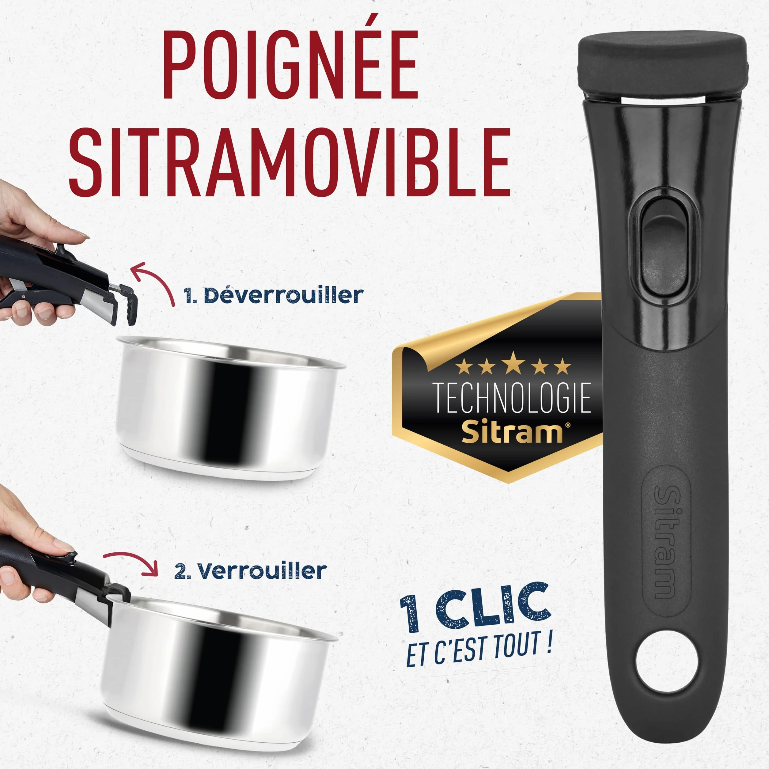 Sitram Arpège zestaw 3 garnków 16+18+20cm INOX, uchwyt amovible, indukcja, srebrny