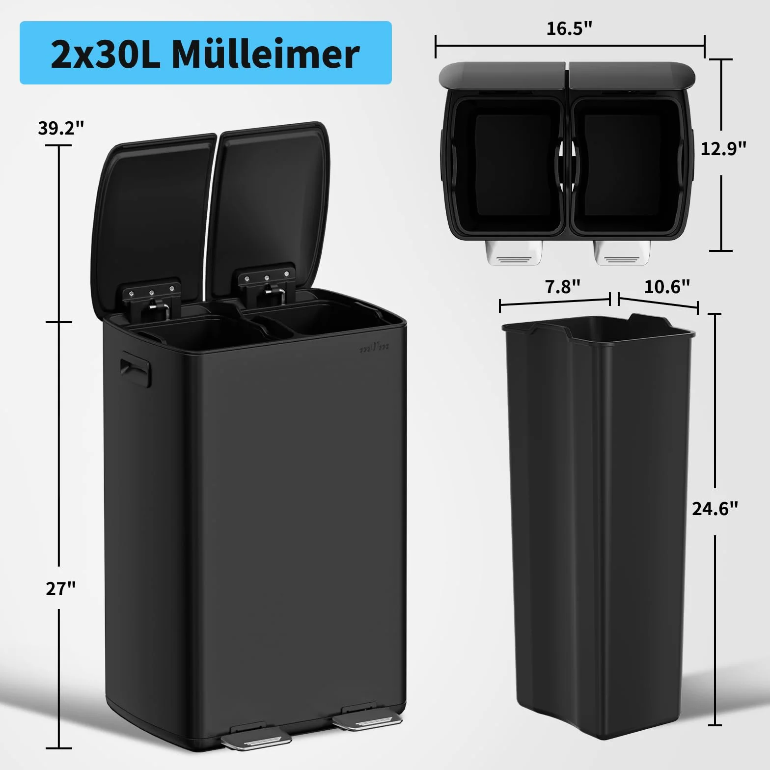 Poubelle à Double Compartiment 2x30L Acier Inoxydable Pédale Tri Sélectif 60L