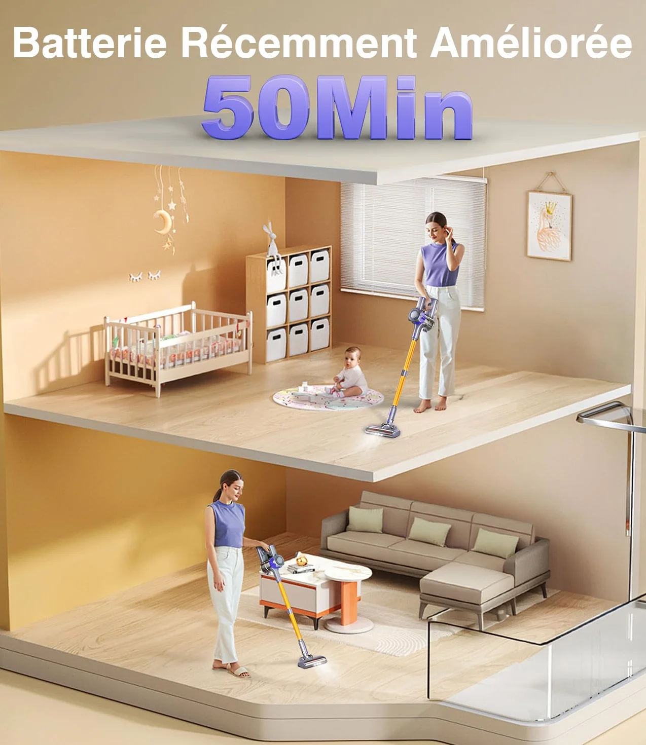 Aspirateur Balai sans Fil 450W 40KPA 50 Minutes Autonomie Écran Intelligent Jaune