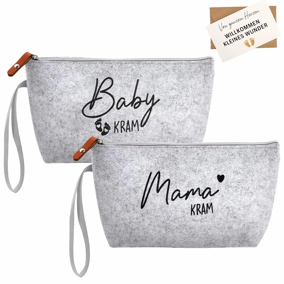 Lot de 2 Pochettes en Feutre Gris Clair Maman & Bébé avec Carte de vœux – Cadeau de Grossesse Baby-Shower